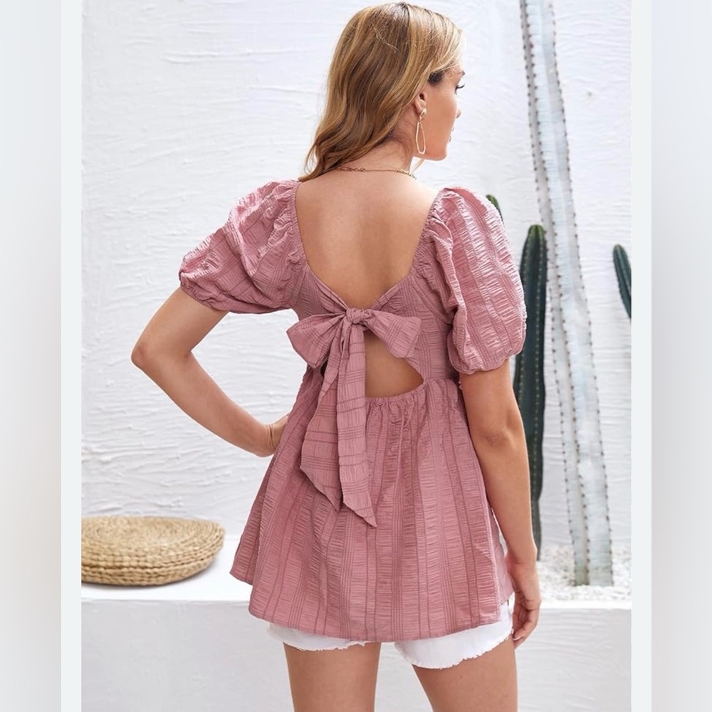 Women’s Puff Short Sleeve Ruched Tie Back Top